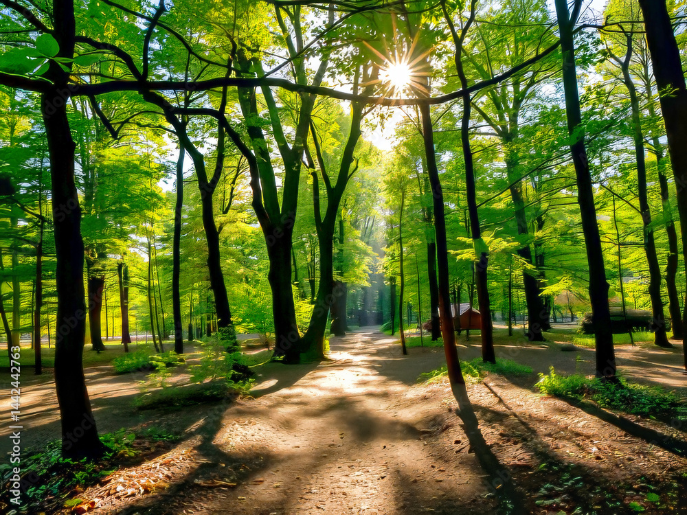 A forest with a path in the middle and a sun shining through the trees. The sun is casting a shadow on the ground