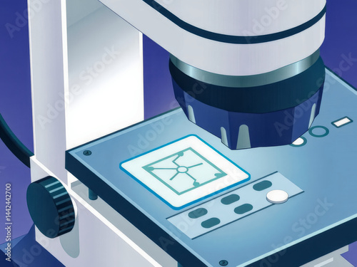 Obraz na płótnie A microscope with a blue screen on it. The screen has a cross on it. The microscope is white w salonie