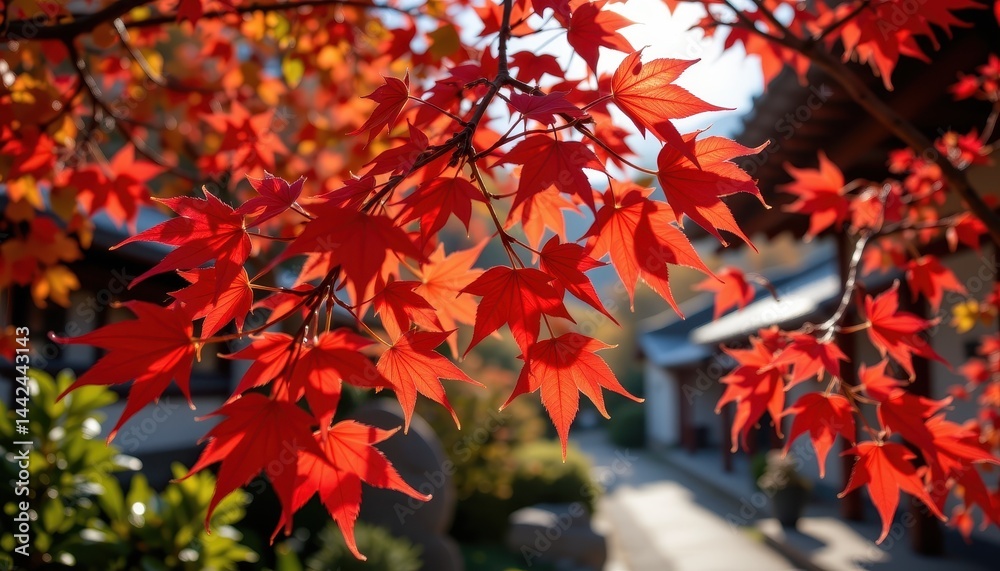 Closeup of brilliant crimson momiji leaves highlighted by soft autumn sunlight in a traditional village setting Closeup of brilliant crimson momiji leaves highlighted by soft autumn sunlight in a traditional village setting