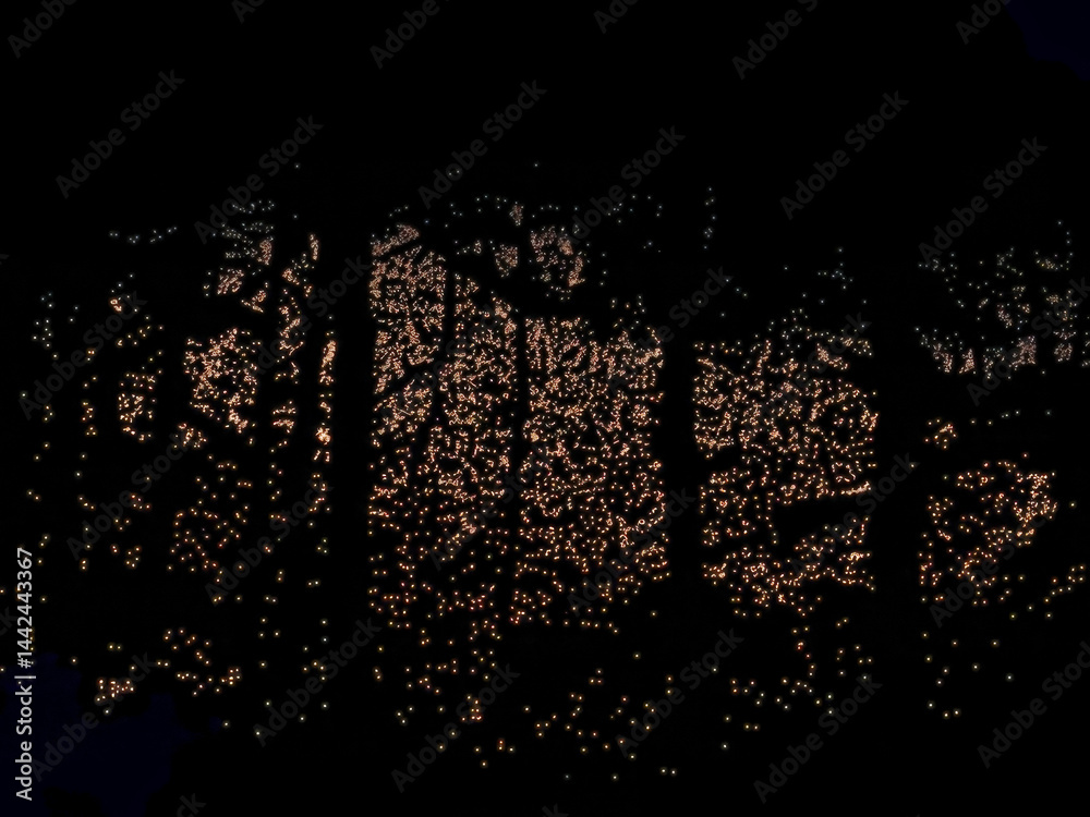 A forest at night with many lights shining through the trees. The lights are twinkling and creating a warm, cozy atmosphere