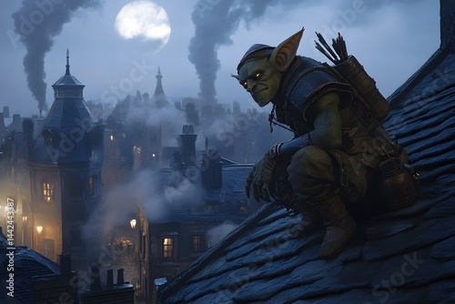 Stealthy goblin rogue sneaking through the city at night