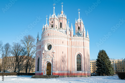 The ancient Chesma Church (Church of the Nativity of John the Baptist 1777-1780) in close-up on a sunny February day. Saint Petersburg, Russia