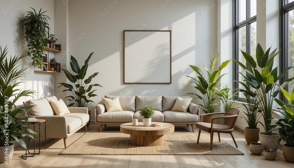 custom made wallpaper toronto digitalModern Living Room Interior Design with Beige Sofa Plants and Wooden Coffee Table