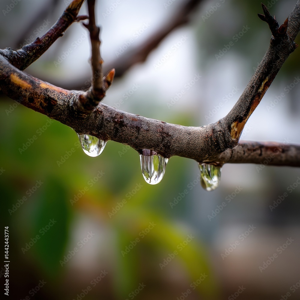 Close-Up of Water Droplets on a Branch Under Natural Light Highlighting the Beauty of Nature and the Essence of Rainfall in a Serene Environment Close-Up of Water Droplets on a Branch Under Natural Light Highlighting the Beauty of Nature and the Essence of Rainfall in a Serene Environment