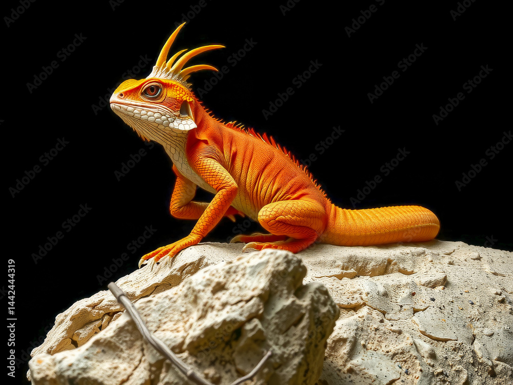 A small orange lizard is sitting on a rock. The lizard is looking at the camera. The lizard is small and has a long tail