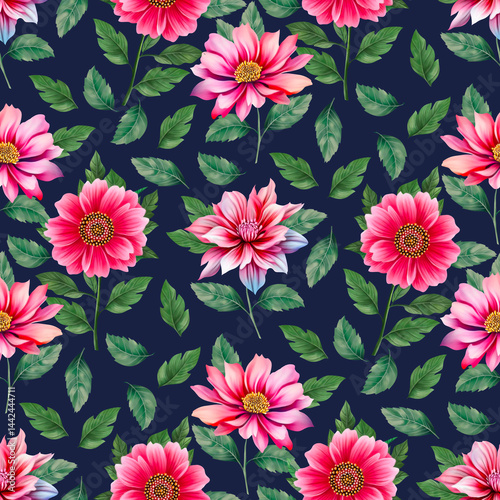 Flower Print. Seamless Watercolor Floral Illustration on Navy Background.
