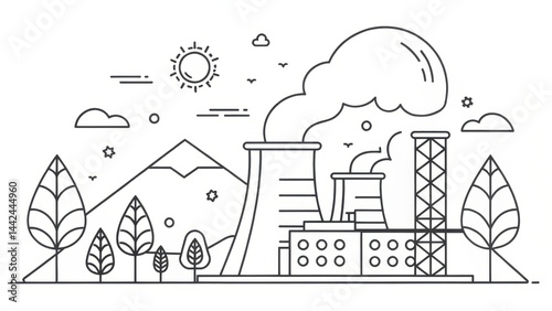 Minimalist black and white illustration showing a power plant emitting smoke in a natural landscape with trees, mountains, and sun. photo