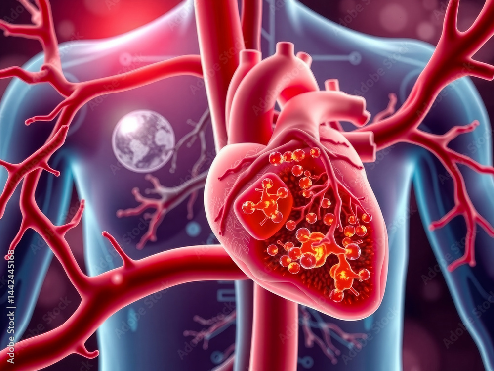 A heart with red veins and a small planet in the background. The heart is the main focus of the image