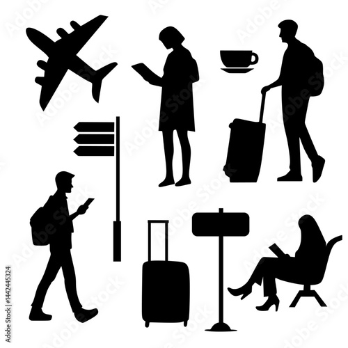 Vector silhouettes of people at airport. travelling and airport