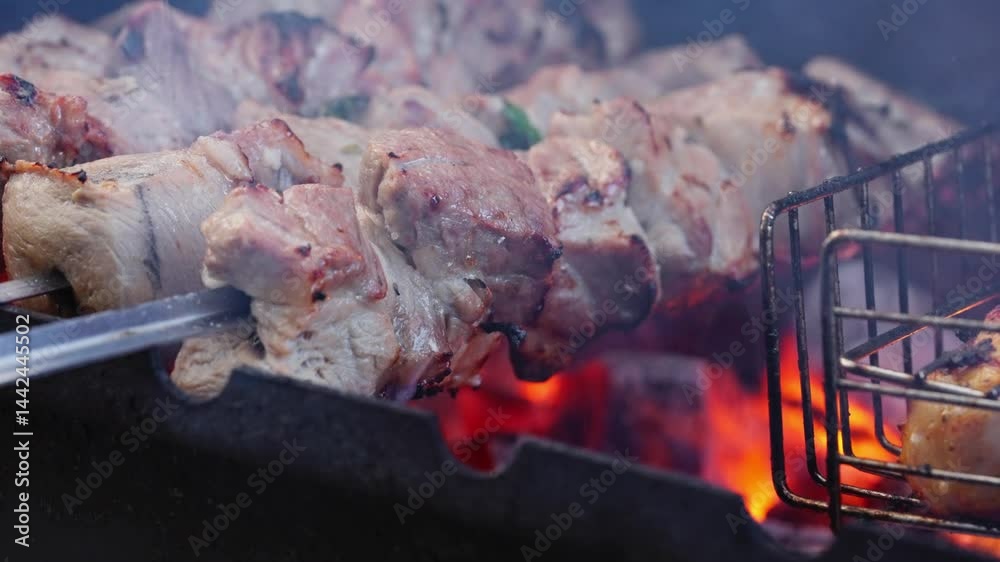 Close-up view of delicious grilled meat skewers cooking over open flame on a barbecue grill.