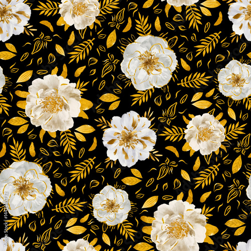 Golden Flowers and Leaves, Seamless Floral Pattern on Black Background.