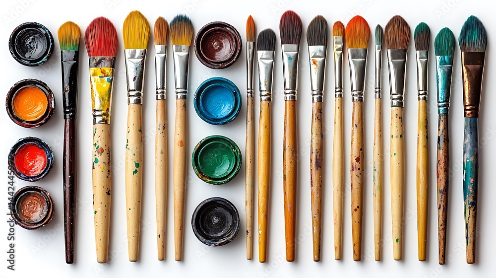 Naklejka premium Arrangement of brushes with paint pots