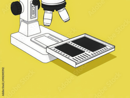 A microscope is shown with a black and white screen on the bottom. The image is a cartoonish representation of a microscope, with the screen being the main focus. Scene is playful and whimsical