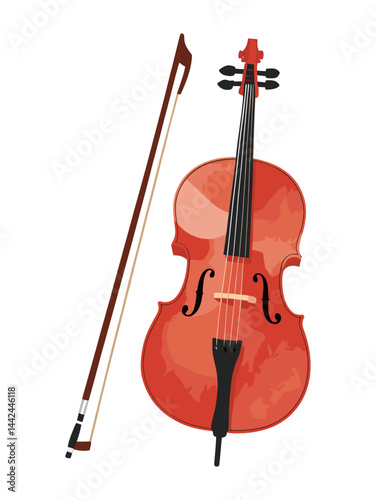 A red cello is shown with its bow. The cello is the main focus of the image, and the bow is placed next to it. Concept of elegance and sophistication