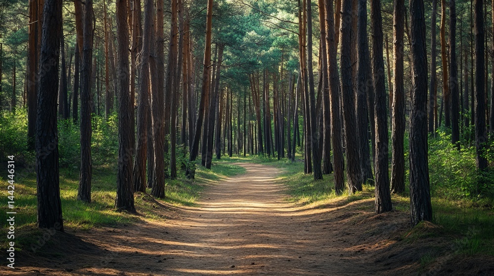 Obraz premium Serene summer path through lush green pine forest trees view park calm dark woods woods trail light