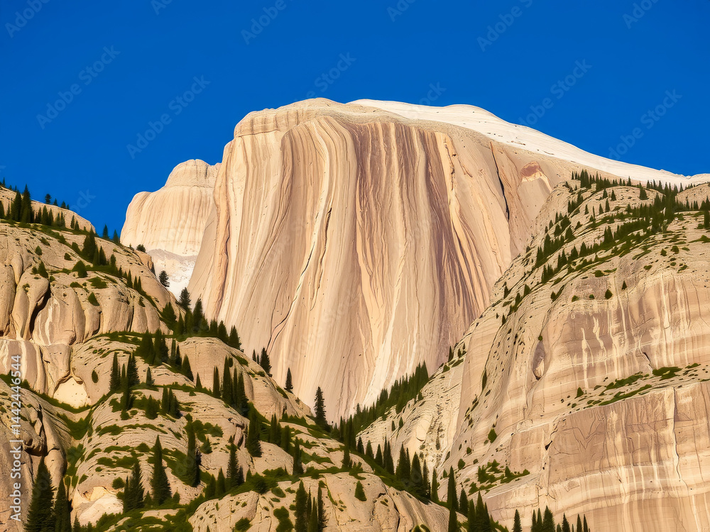 A mountain with a rocky peak and a blue sky in the background. The mountain is covered in trees and has a rocky surface