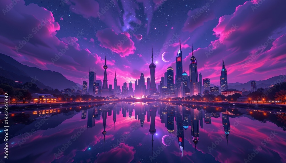 Fototapeta premium Futuristic city reflected in purple cosmic sky dramatic landscape with glowing reflections celestial themed fantasy environment
