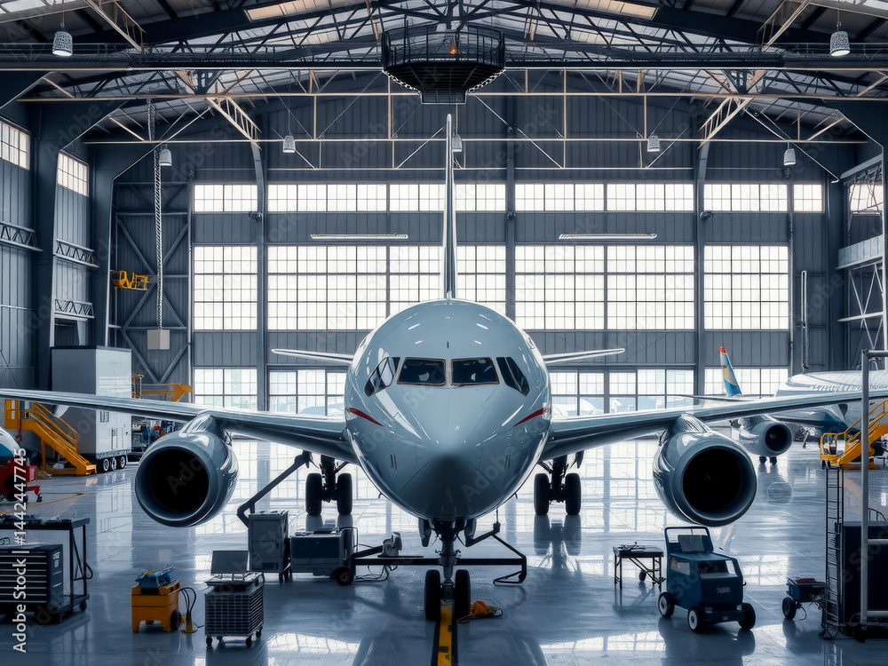 A large white airplane is sitting inside a hangar. The hangar is filled with various tools and equipment, and there are several people working on the plane. Scene is one of productivity and focus