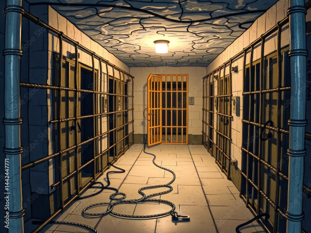 A prison cell block with a door that is open. The door is surrounded by bars and there is a chain hanging from the door