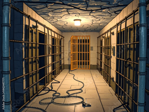 Obraz na płótnie A prison cell block with a door that is open. The door is surrounded by bars and there is a chain hanging from the door w salonie