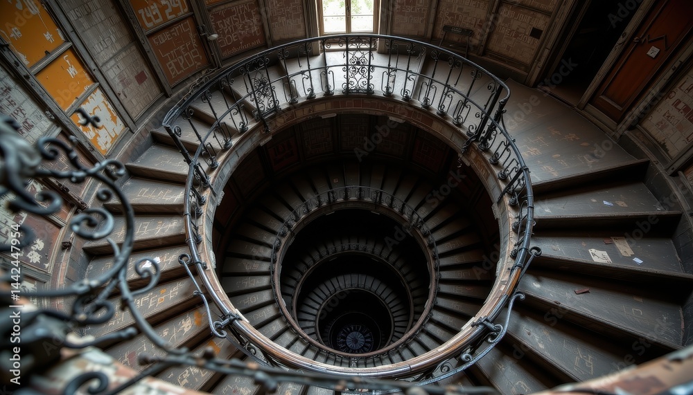 Spiral staircase in old building dim lighting historic architecture texture detail abandoned interior moody setting Spiral staircase in old building dim lighting historic architecture texture detail abandoned interior moody setting
