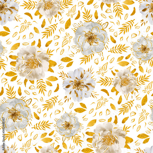 Golden Flowers and Leaves, Seamless Floral Pattern on Transparent Background. PNG Digital File