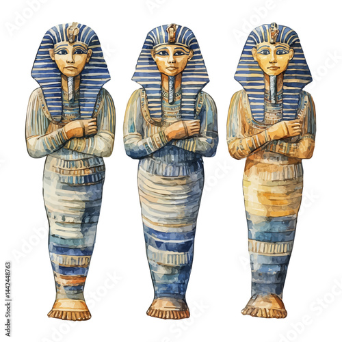Egyptian mummy statues, watercolor drawing, isolated on a white background. Egyptian mummy statues vector.