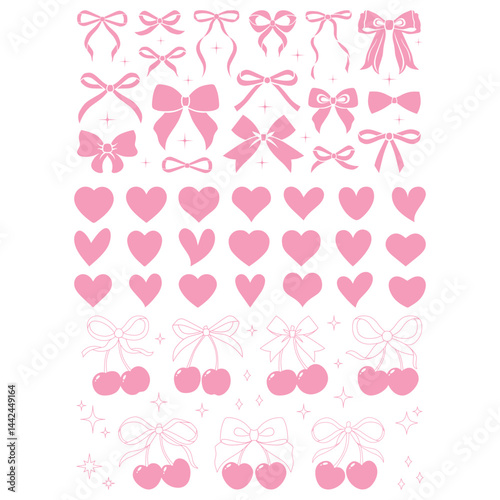 Cherries with gift bow coquette. Ribbons and hearts. Vector Illustration of pink girly vintage bows and cherry. Cherries with ribbon. Cute trendy line art set. Trendy girls accessories. Cute hairstyle