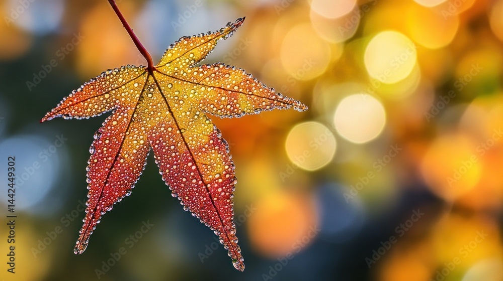 A single vibrant autumn leaf covered in water droplets A single vibrant autumn leaf covered in water droplets
