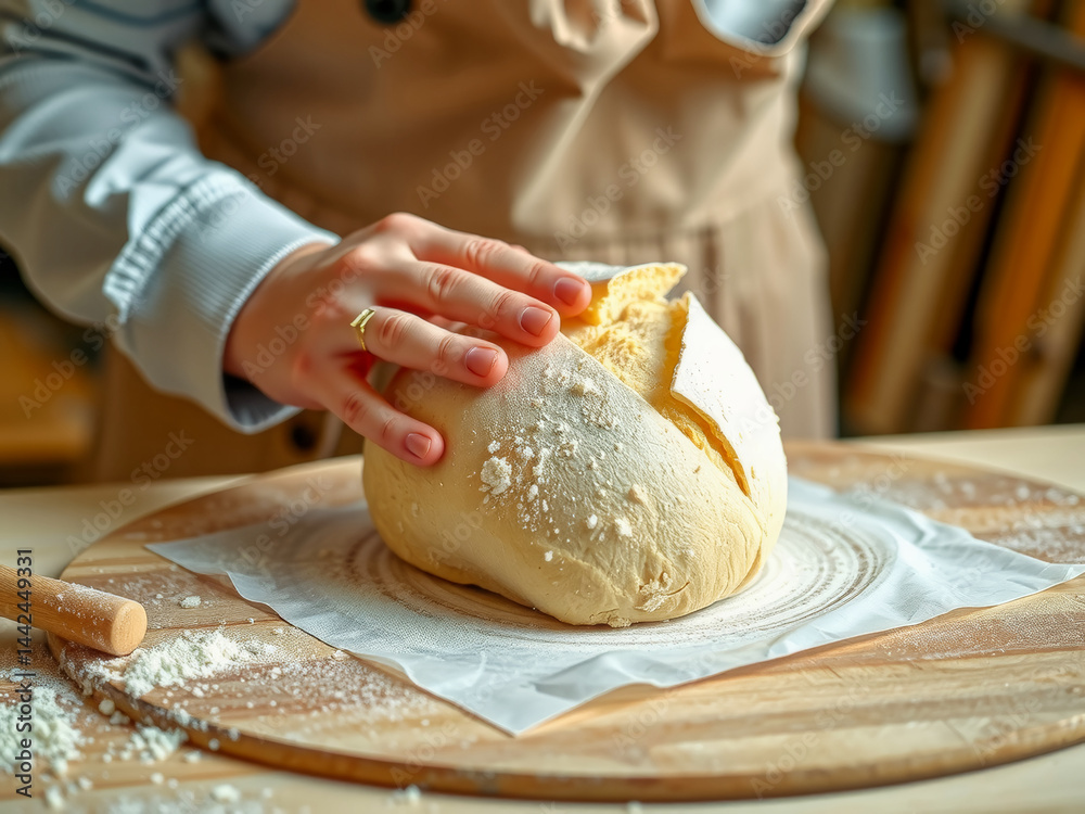 A person is kneading dough on a wooden table. The dough is covered in flour and has a hole in the middle