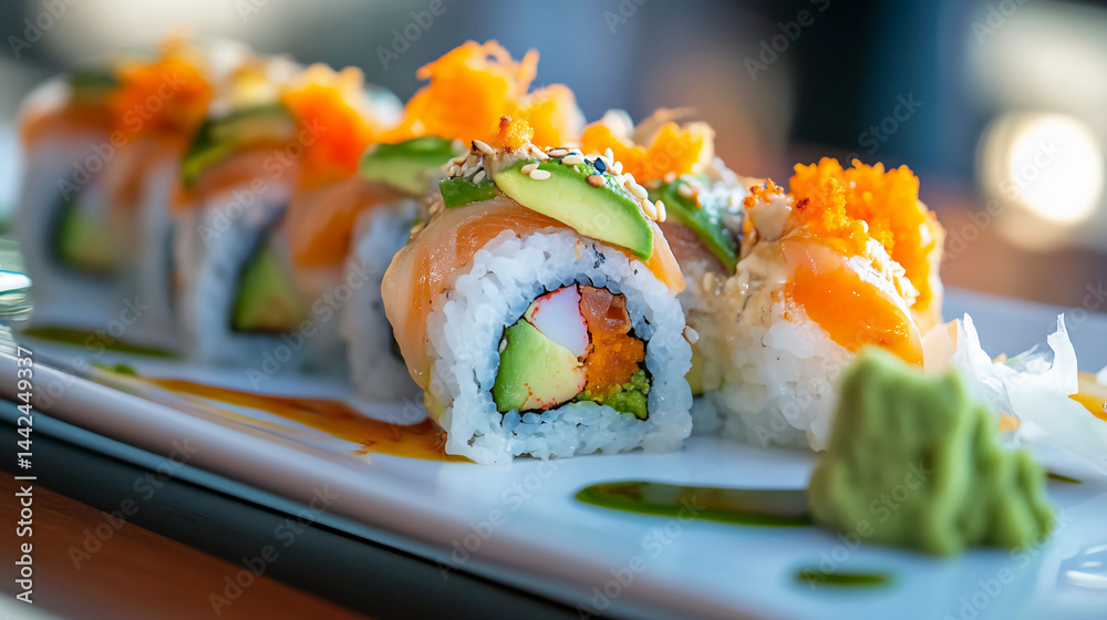 A colorful plate of sushi with avocado
A colorful plate of sushi with avocado