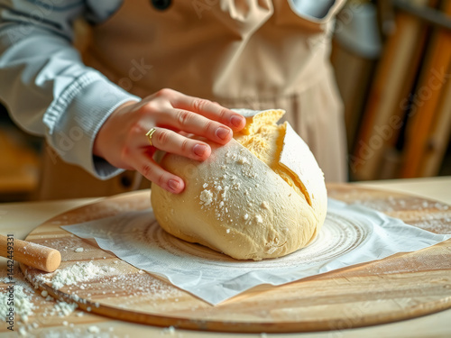 Obraz na płótnie A person is kneading dough on a wooden table. The dough is covered in flour and has a hole in the middle w salonie