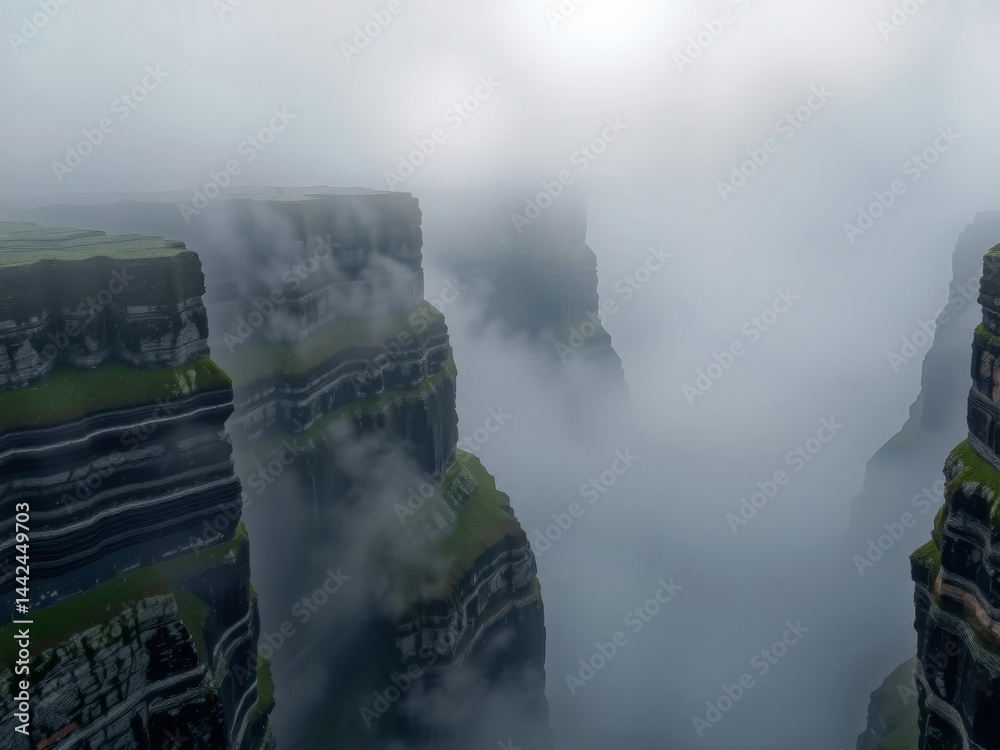 A mountain range with a foggy atmosphere. The misty clouds cover the sky, giving the scene a mysterious and serene mood. The mountains are covered in grass