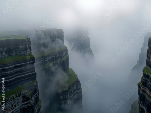 A mountain range with a foggy atmosphere. The misty clouds cover the sky, giving the scene a mysterious and serene mood. The mountains are covered in grass