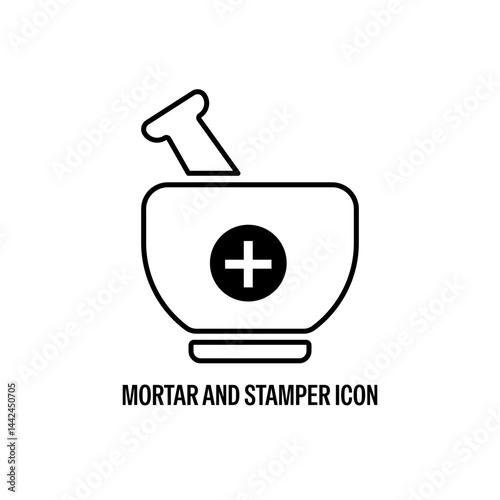 Mortar and Stamper Line Style Vector Icon Black with White Background Flat Design Illustration 