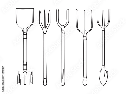 hand hoe line art drawing agricultural hand tool vector design