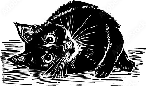 A black cat rests on a wooden surface, showcasing its curious expression and sleek fur. The vintage woodcut style .