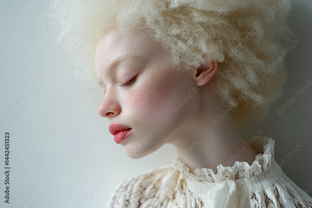 Graceful side profile of a young woman with albinism, closed eyes and delicate freckles, wearing an intricate vintage lace blouse against a minimalistic white background.