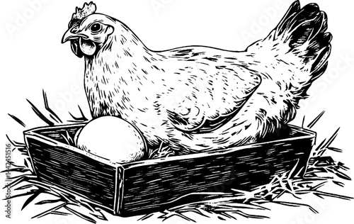 This vintage woodcut illustration features a chicken laying an egg in a rustic wooden nest, surrounded by straw, showcasing rural life and traditional farming practices.