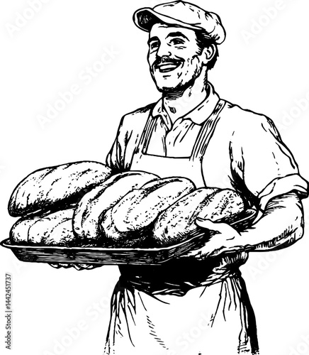 A cheerful baker holds a tray of freshly baked bread loaves, showcasing his craft with pride.