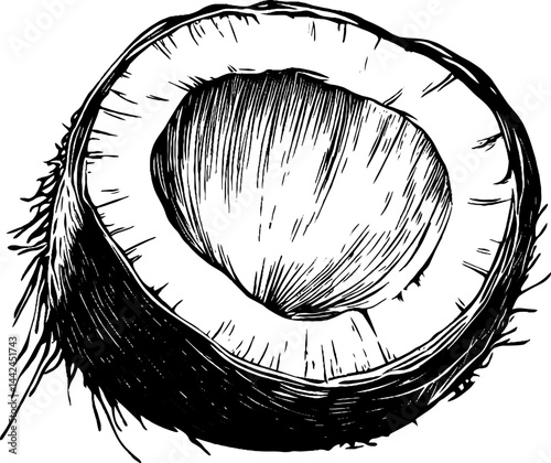 This vintage woodcut displays a coconut cut in half, revealing its fibrous outer layer and inner flesh.