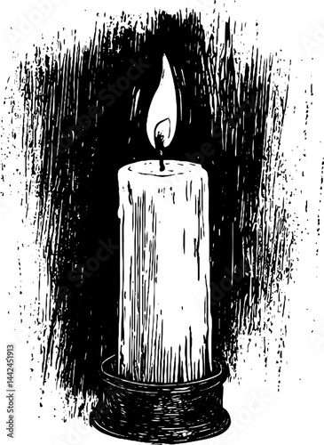 A detailed woodcut illustration depicts a lit candle in a holder, casting a warm glow amidst a dark background.
