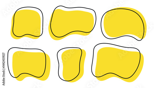 Organic shape text frames. Vector set of abstract yellow speech bubbles. Wavy rectangular, square textboxes.