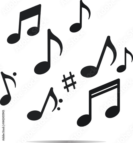 A collection of black musical notes and symbols creatively arranged on a light background suggesting melody and creativity.
