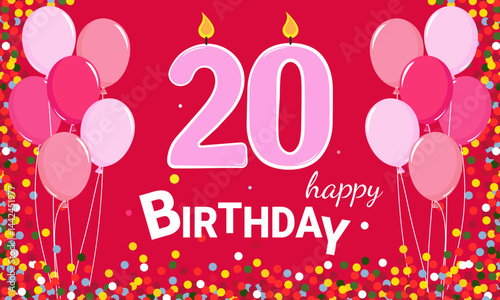 20th anniversary. Birthday greeting card with balloons and a candle with pink numbers.
