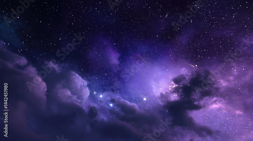 An appealing visual of cosmic purple galaxy with distant stars, ideal for creative, commercial, or editorial purposes.