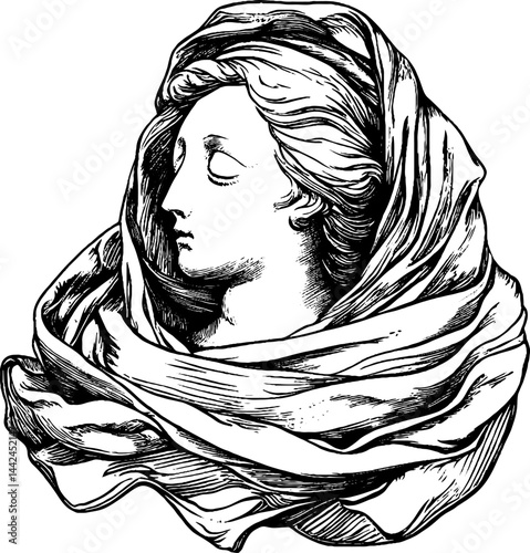 This vintage woodcut illustration features a woman's profile skillfully carved in delicate detail. She is elegantly draped in flowing fabric.