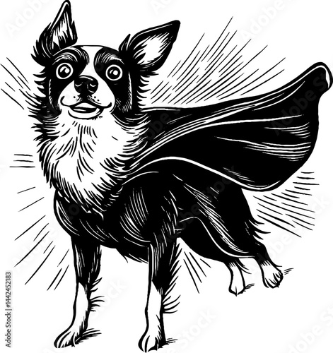 A charming vintage woodcut shows a dog joyfully dressed in a cape, embodying a carefree superhero spirit.