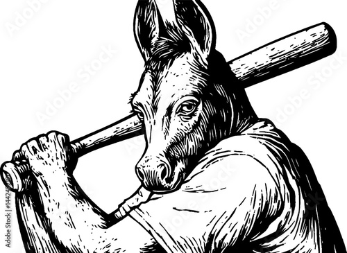 A donkey stands upright, gripping a baseball bat in a playful manner.