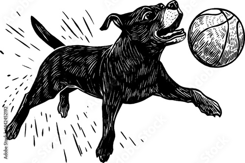 A vintage woodcut depicts a playful dog energetically dribbling a ball.